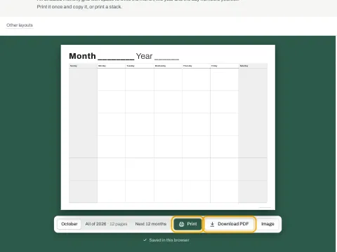 The Print and Download PDF buttons under the blank calendar.