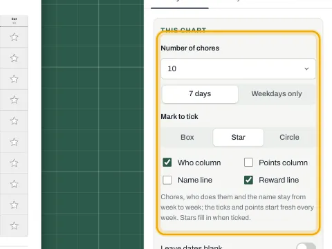 The chart settings with the mark style, points, name and reward options.
