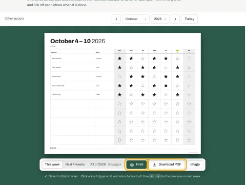 The Print and Download PDF buttons under the chore chart.