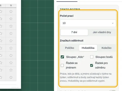 Nastavení rozpisu se stylem značky, body, jménem a odměnou.