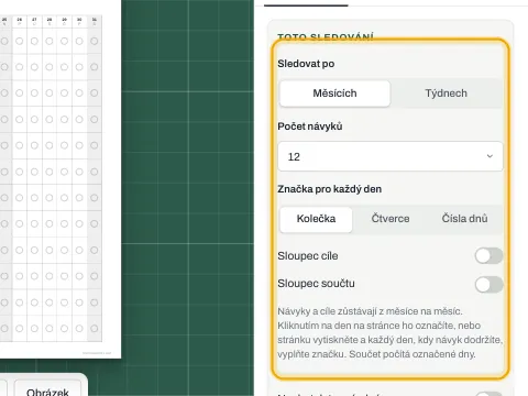 Nastavení sledování: sledování po měsících nebo týdnech, počet návyků a značka pro každý den.