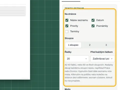 Nastavení seznamu s částmi stránky, sloupci, řádky a značkami.