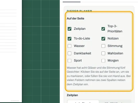 Die Liste der Felder, die der Tagesplanerseite hinzugefügt werden können.