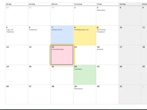 Ein Monatskalender mit Notizen an mehreren Tagen und einem hervorgehobenen Geburtstag.