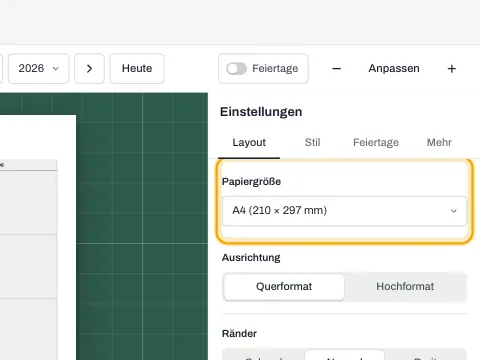 Die Einstellung für die Papiergröße mit den Schaltflächen für Hoch- und Querformat darunter.