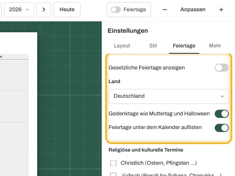 Die Feiertagseinstellungen mit Länderliste und Schalter für Gedenktage.