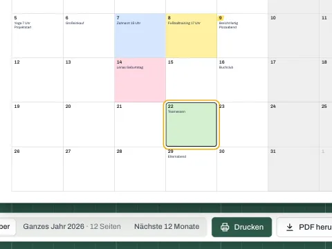 Ein Monatskalender mit Notizen und farbigen Hervorhebungen an mehreren Tagen.