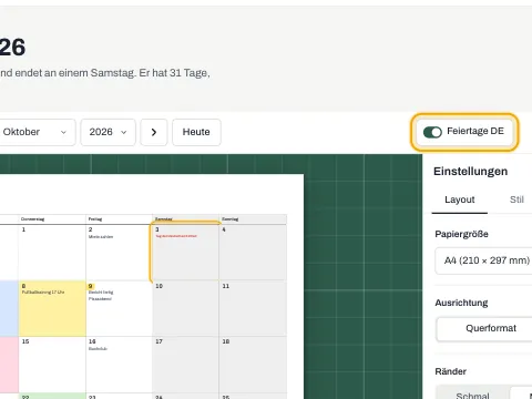 Der eingeschaltete Schalter „Feiertage“ und ein gesetzlicher Feiertag, der im Kalender markiert ist.