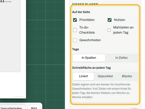 Die Planereinstellungen mit Prioritäten, Notizen, Checkliste, Mahlzeiten und Gewohnheiten.