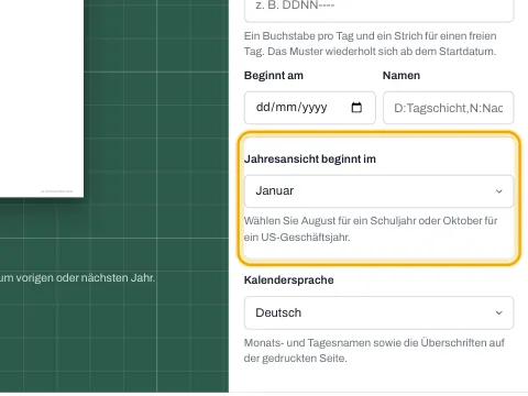Die Einstellung, mit der der erste Monat der Jahresansicht gewählt wird.