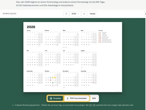 Die Schaltflächen „Drucken“ und „PDF herunterladen“ unter dem Jahreskalender.