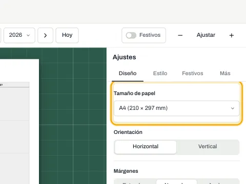 El ajuste de tamaño de papel con A4 seleccionado y los botones de orientación debajo.
