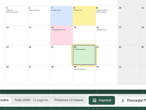 Un calendario mensual con notas y resaltados de color en varios días.