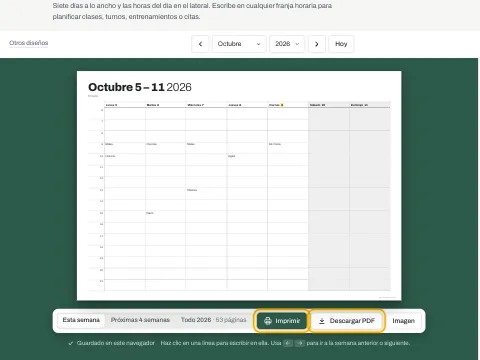 Los botones Imprimir y Descargar PDF bajo el horario semanal.