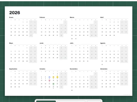 Un calendario anual con los doce meses en una sola página.