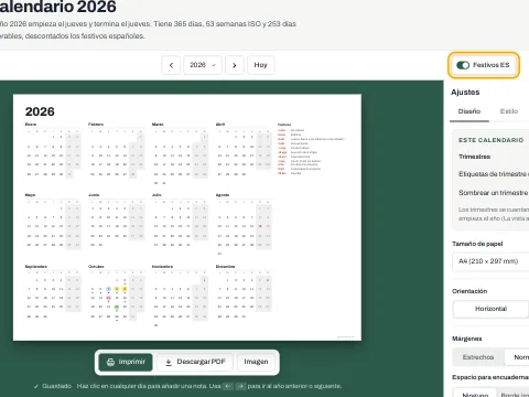 Un calendario anual con los festivos oficiales marcados y listados junto a los meses.