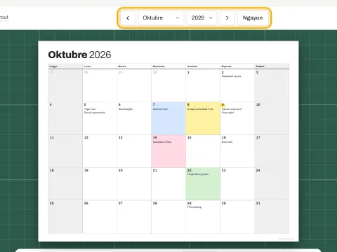 Ang mga kahon ng buwan at taon, ang mga arrow at ang button na Ngayon sa itaas ng buwanang calendar.