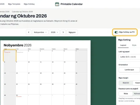 Naka-on ang switch ng Mga Holiday, may nakamarkang public holiday sa calendar.