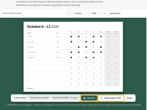 Les boutons Imprimer et Télécharger le PDF sous le tableau des tâches.