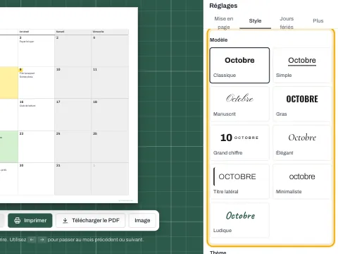 Les réglages de style avec neuf modèles de calendrier au choix.