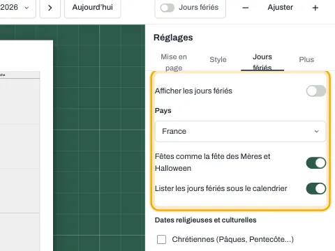 Les réglages des jours fériés avec la liste des pays et le commutateur des fêtes.