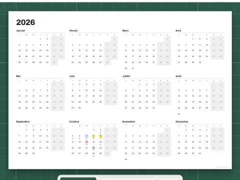 Un calendrier annuel avec les douze mois sur une page.