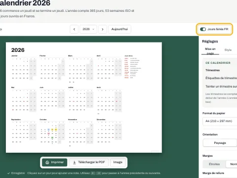 Un calendrier annuel avec les jours fériés marqués et listés à côté des mois.