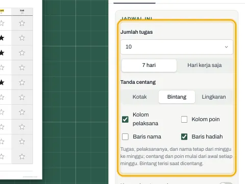 Pengaturan jadwal dengan gaya tanda, poin, nama, dan pilihan hadiah.