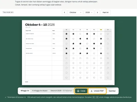 Tombol Cetak dan Unduh PDF di bawah jadwal tugas rumah.