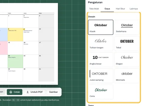 Pengaturan Gaya dengan sembilan desain kalender yang bisa dipilih.