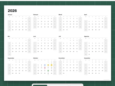 Kalender tahunan dengan kedua belas bulan dalam satu halaman.