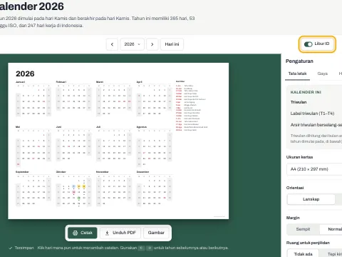 Kalender tahunan dengan hari libur nasional yang ditandai dan didaftarkan di samping bulan.