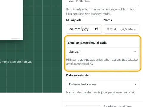 Pengaturan untuk memilih bulan awal tampilan tahun.