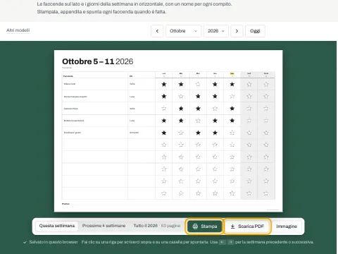 I pulsanti Stampa e Scarica PDF sotto la tabella delle faccende.