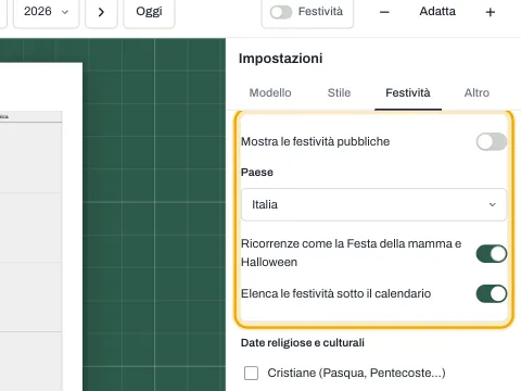 Le impostazioni Festività con l’elenco dei Paesi e l’interruttore delle ricorrenze.