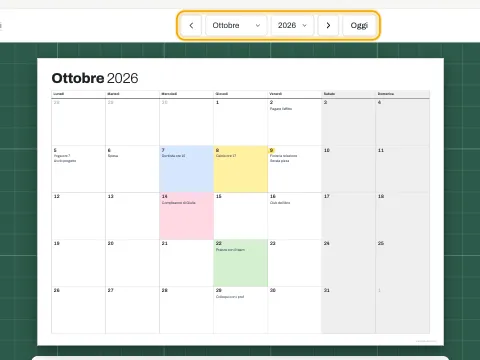 Le caselle di mese e anno con le frecce e il pulsante Oggi sopra un calendario mensile.