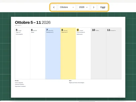 La navigazione tra le settimane sopra la pagina di un planner settimanale.
