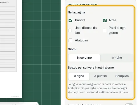 Le impostazioni del planner con priorità, note, lista, pasti e abitudini.
