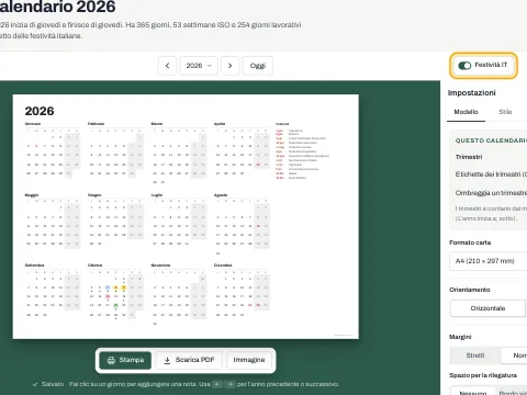 Un calendario annuale con le festività segnate ed elencate accanto ai mesi.