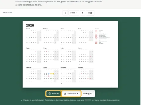 I pulsanti Stampa e Scarica PDF sotto il calendario annuale.