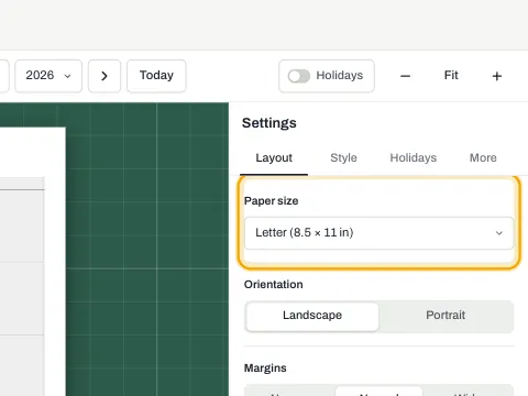 The paper size setting with Letter selected and the orientation buttons below it.