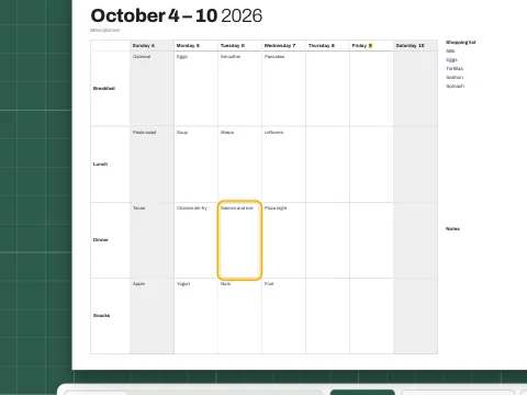 A weekly meal planner with meals typed in for several days.