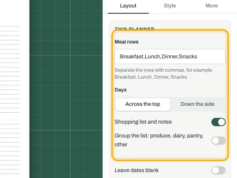 The meal planner settings with the meal row names and the layout of the days.