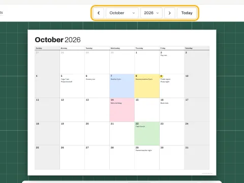 The month and year boxes with arrows and a Today button above a month calendar.