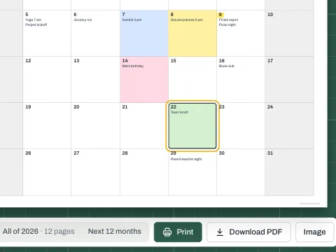 A month calendar with notes and colored highlights on several days.