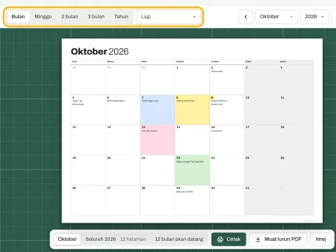 Butang reka letak di atas kalendar: Bulan, Minggu, 2 bulan, 3 bulan, Tahun dan Lagi.