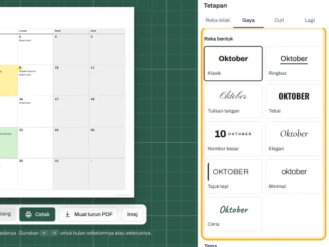 Tetapan Gaya dengan sembilan reka bentuk kalendar untuk dipilih.