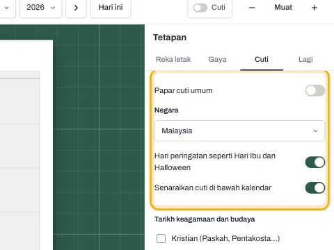 Tetapan Cuti dengan senarai negara dan suis hari peringatan.