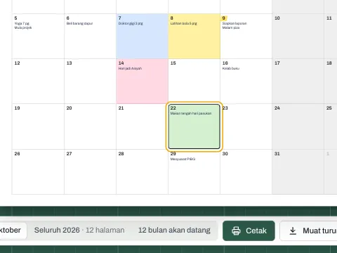 Kalendar bulanan dengan catatan dan serlahan berwarna pada beberapa hari.