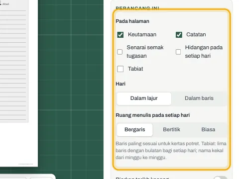 Tetapan perancang dengan keutamaan, catatan, senarai semak, hidangan dan tabiat.